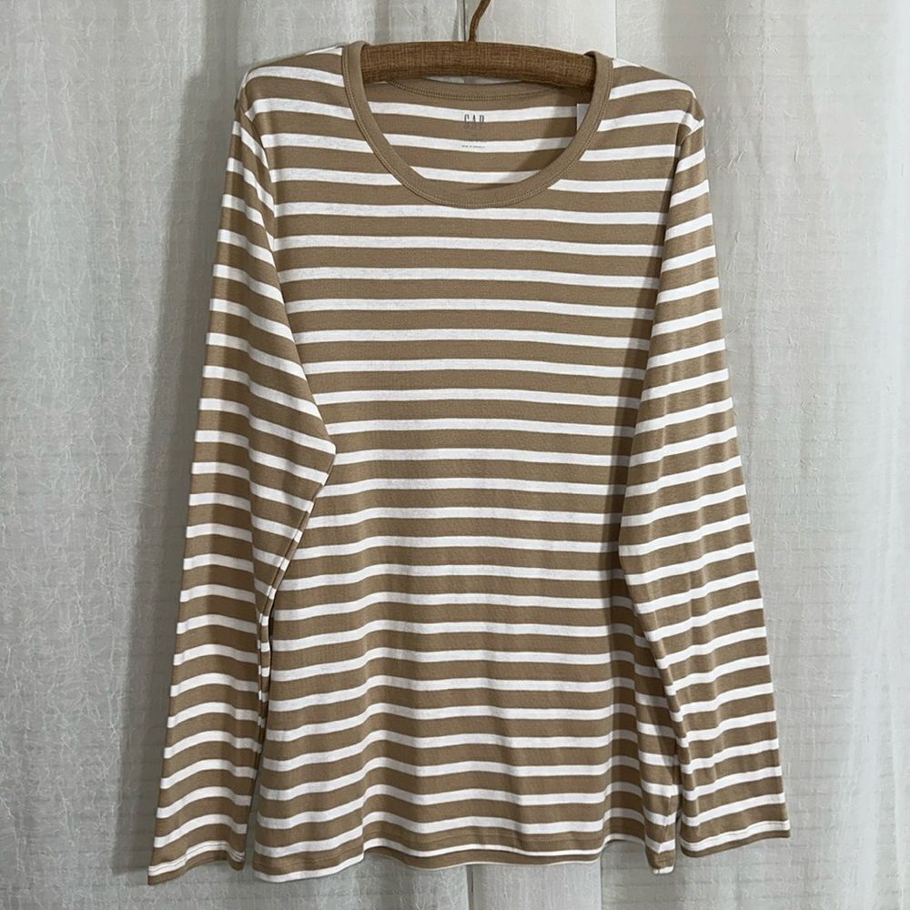 GAP XXL Tan White Cotton Modal Horizontal Striped Favorite Long Sleeve Crew Tee